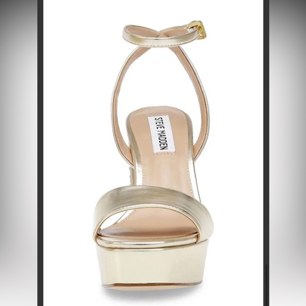 Gold Platform Ankle-Strap Sandal with Crystal Block Heel NWOT - Picture 6 of 9